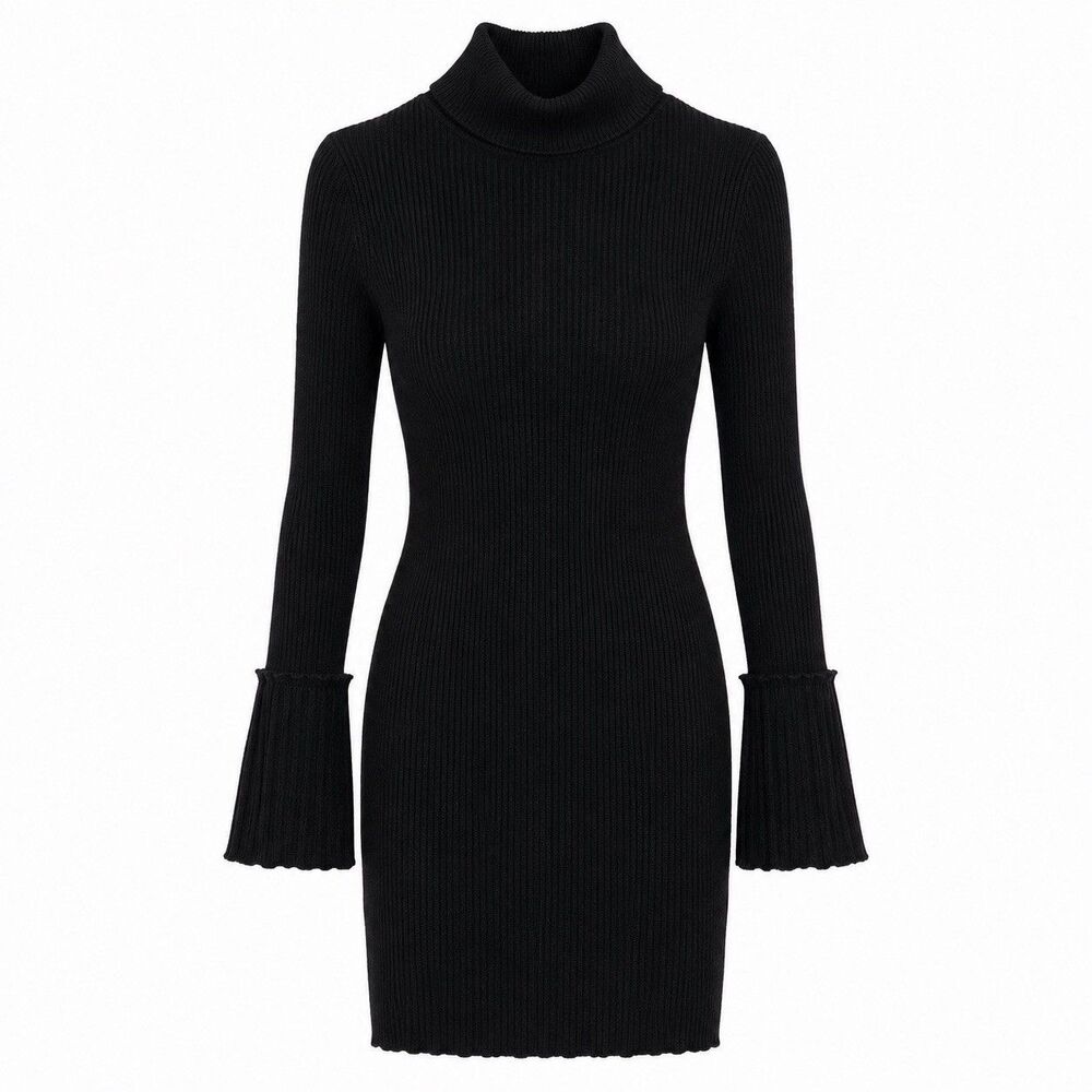 JLCNCUE Dress Women's XS Black Ribbed Turtleneck Sweater Bodycon Mini Knit